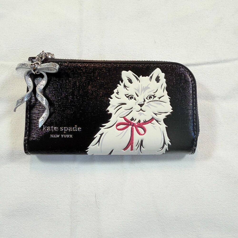 Kate Spade Whiskers Small Slim Bifold Wallet Black Saffiano Leather NWT Cat